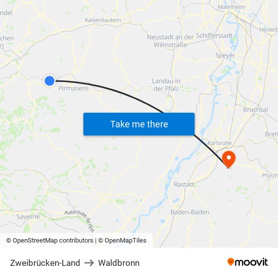 Zweibrücken-Land to Waldbronn map