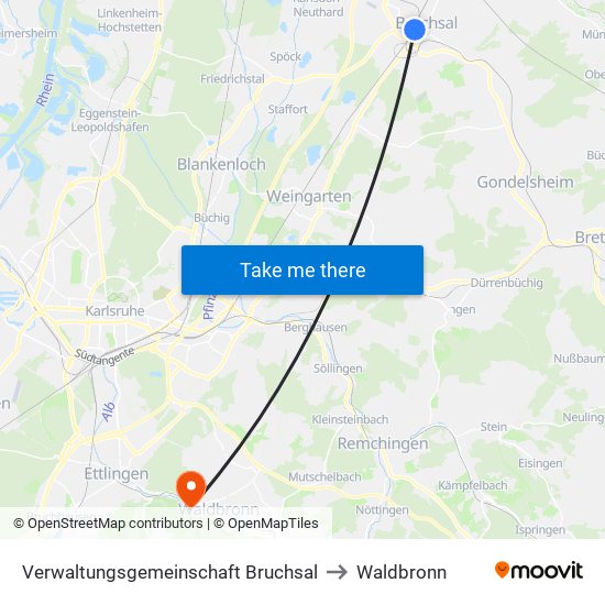 Verwaltungsgemeinschaft Bruchsal to Waldbronn map