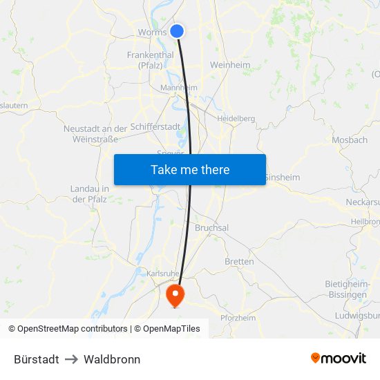 Bürstadt to Waldbronn map