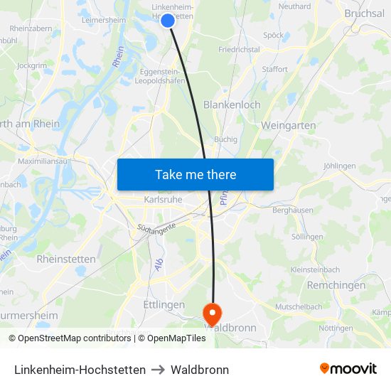 Linkenheim-Hochstetten to Waldbronn map