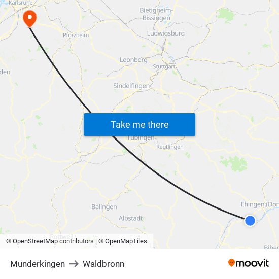 Munderkingen to Waldbronn map