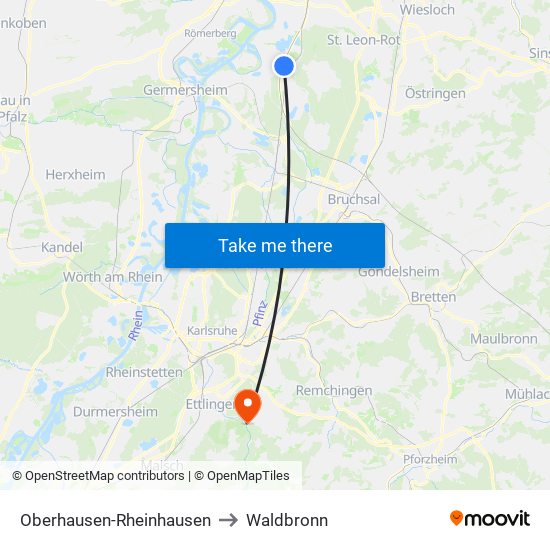 Oberhausen-Rheinhausen to Waldbronn map