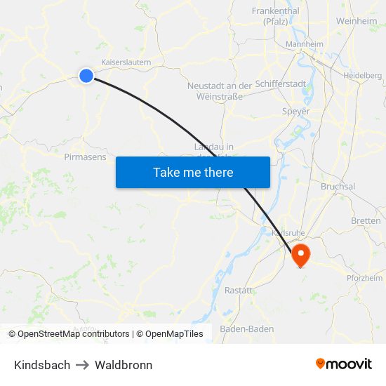 Kindsbach to Waldbronn map