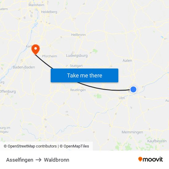 Asselfingen to Waldbronn map