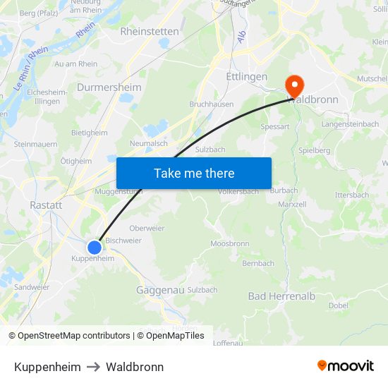 Kuppenheim to Waldbronn map