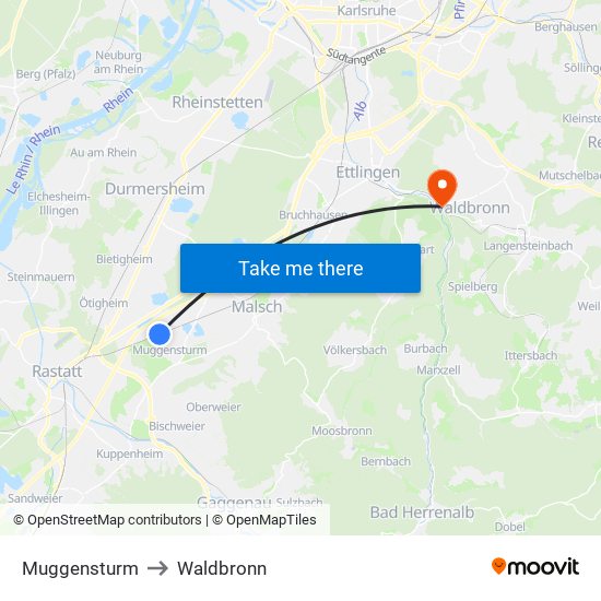 Muggensturm to Waldbronn map