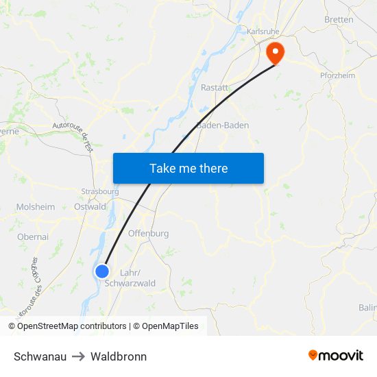 Schwanau to Waldbronn map