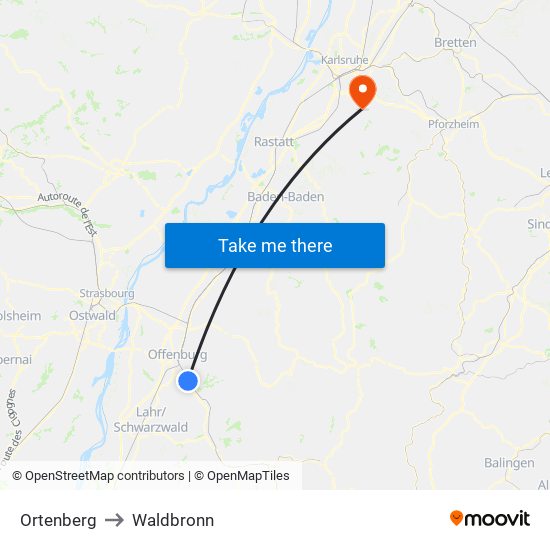 Ortenberg to Waldbronn map