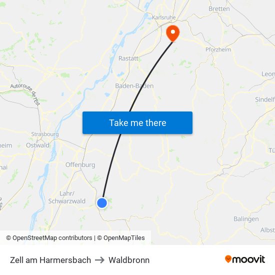 Zell am Harmersbach to Waldbronn map