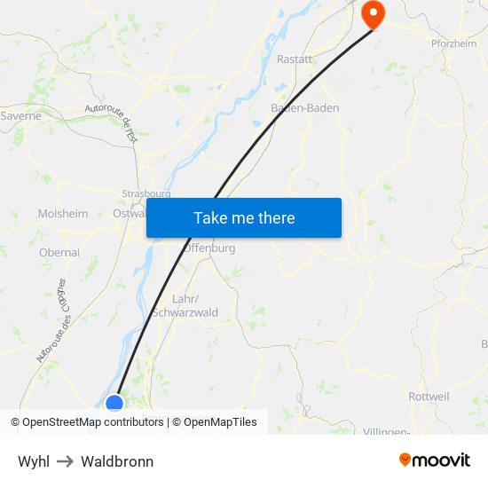 Wyhl to Waldbronn map