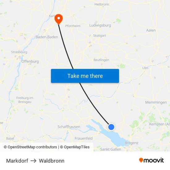 Markdorf to Waldbronn map