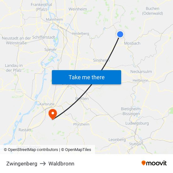 Zwingenberg to Waldbronn map