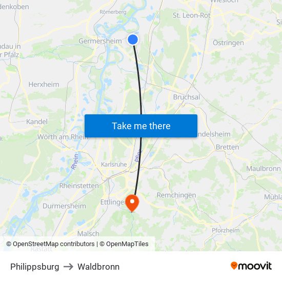 Philippsburg to Waldbronn map