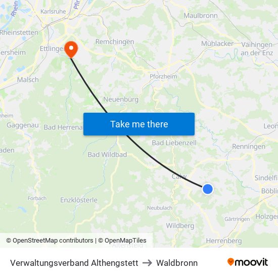 Verwaltungsverband Althengstett to Waldbronn map