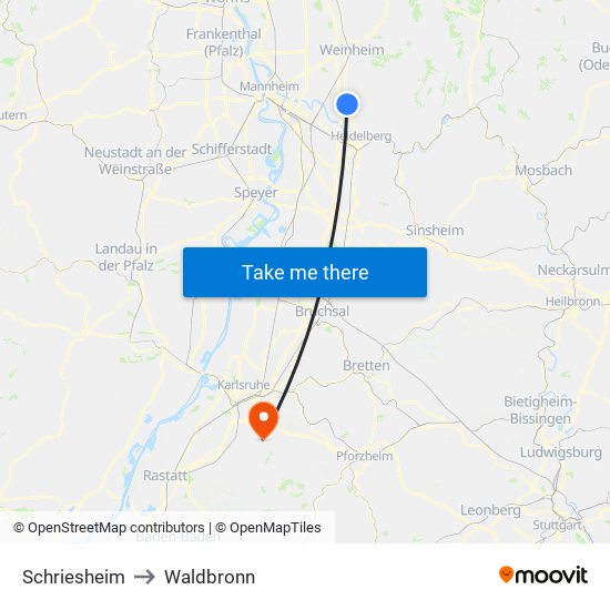 Schriesheim to Waldbronn map