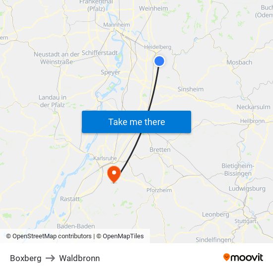 Boxberg to Waldbronn map