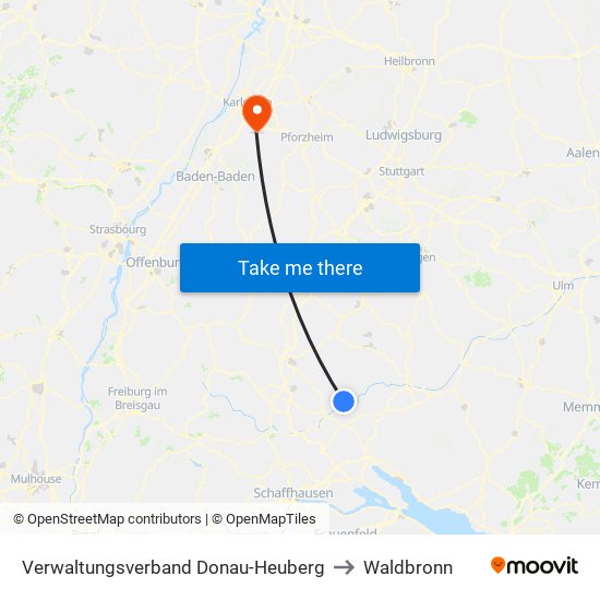 Verwaltungsverband Donau-Heuberg to Waldbronn map