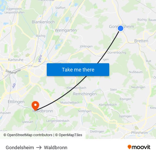 Gondelsheim to Waldbronn map