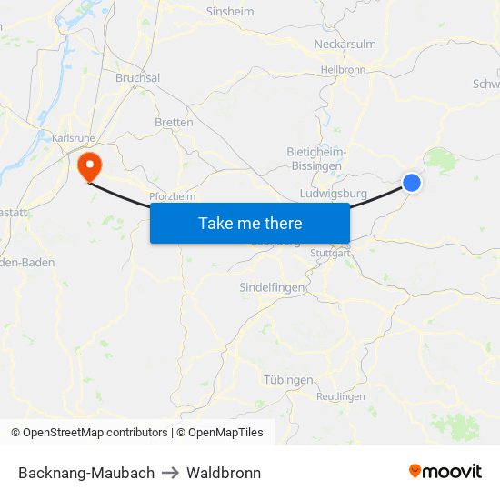 Backnang-Maubach to Waldbronn map