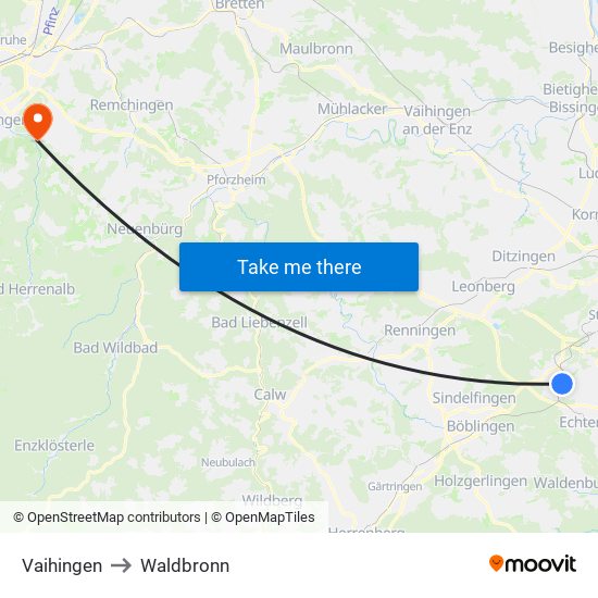 Vaihingen to Waldbronn map