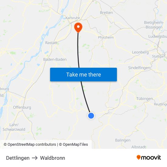 Dettlingen to Waldbronn map