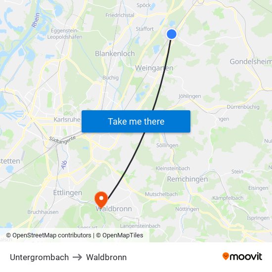 Untergrombach to Waldbronn map