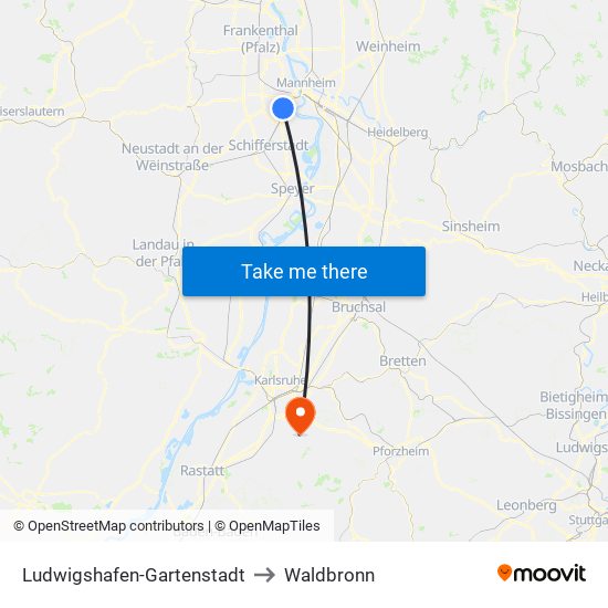 Ludwigshafen-Gartenstadt to Waldbronn map