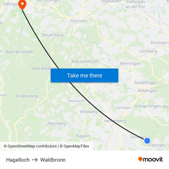 Hagelloch to Waldbronn map