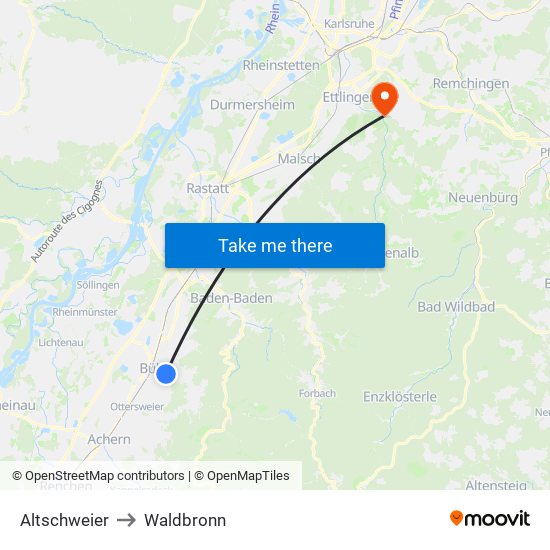 Altschweier to Waldbronn map