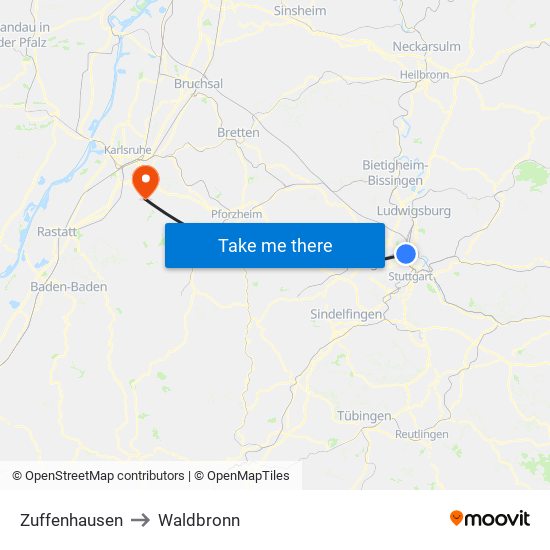 Zuffenhausen to Waldbronn map