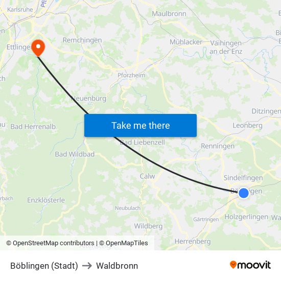 Böblingen (Stadt) to Waldbronn map