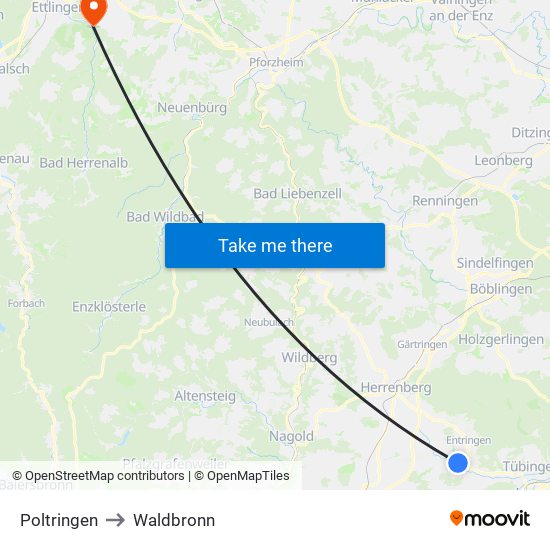 Poltringen to Waldbronn map