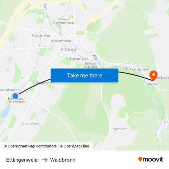 Ettlingenweier to Waldbronn map