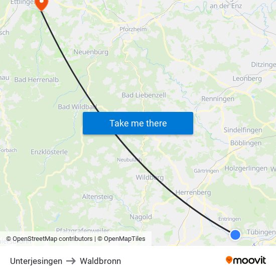 Unterjesingen to Waldbronn map