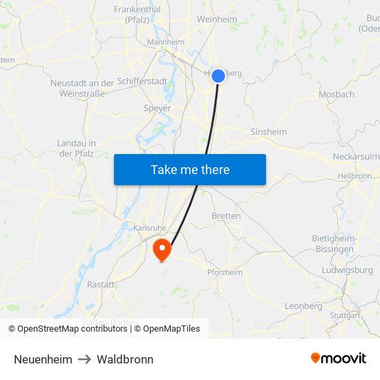 Neuenheim to Waldbronn map