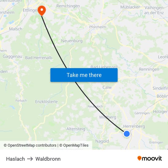 Haslach to Waldbronn map