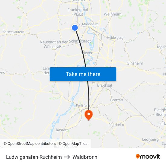 Ludwigshafen-Ruchheim to Waldbronn map