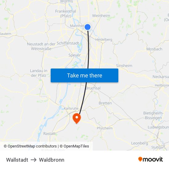 Wallstadt to Waldbronn map