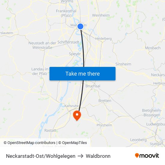 Neckarstadt-Ost/Wohlgelegen to Waldbronn map