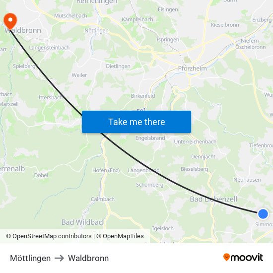 Möttlingen to Waldbronn map