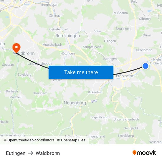 Eutingen to Waldbronn map