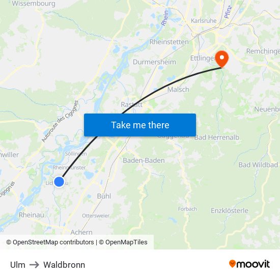 Ulm to Waldbronn map