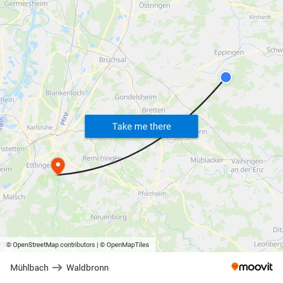 Mühlbach to Waldbronn map