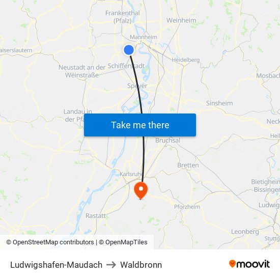 Ludwigshafen-Maudach to Waldbronn map