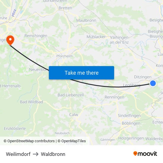 Weilimdorf to Waldbronn map