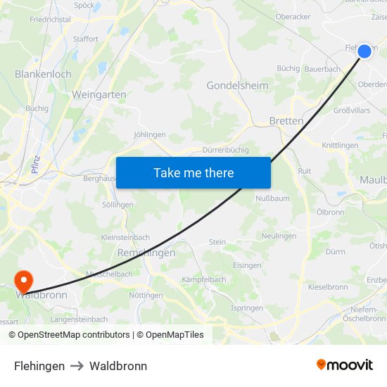 Flehingen to Waldbronn map