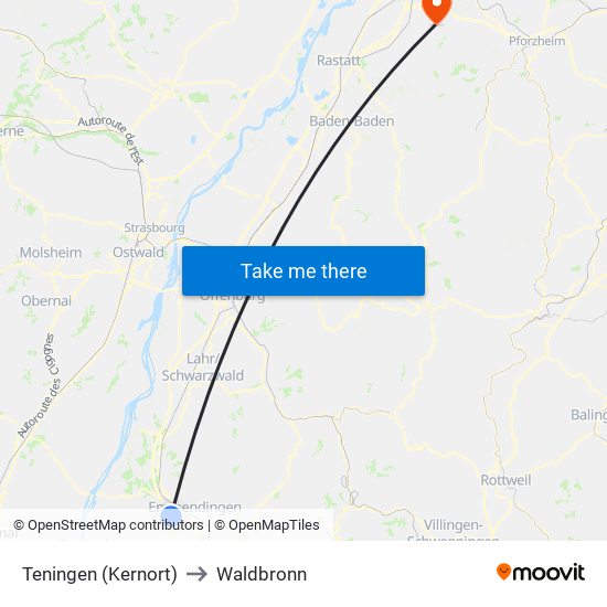 Teningen (Kernort) to Waldbronn map