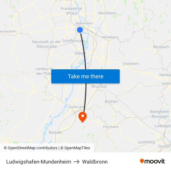 Ludwigshafen-Mundenheim to Waldbronn map