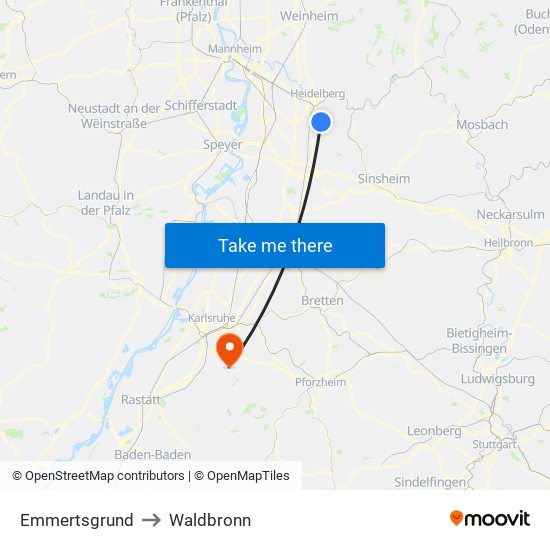 Emmertsgrund to Waldbronn map