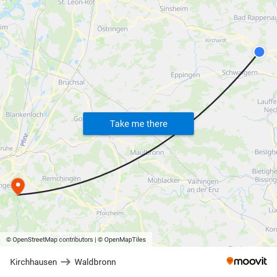 Kirchhausen to Waldbronn map